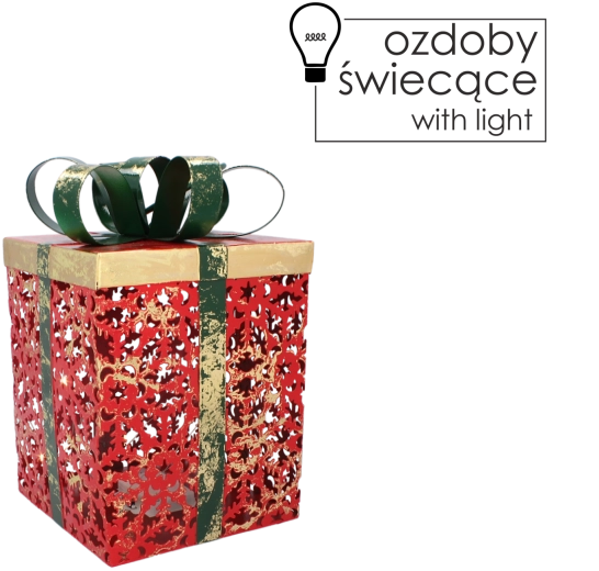Świąteczne metalowe pudełko prezentowe z oświetleniem LED, czerwone z zieloną kokardą, 16 × 16 × 26 cm
