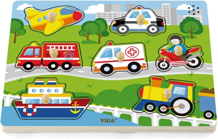 Drewniane puzzle dźwiękowe z motywem środków transportu Viga