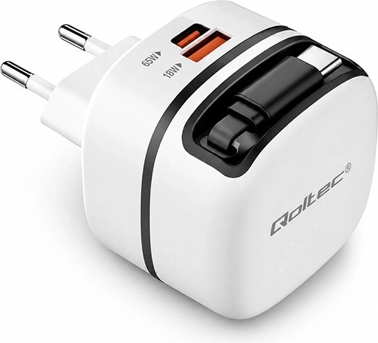Qoltec GaN ładowarka sieciowa 65 W USB‑C PD PPS z wysuwanym kablem