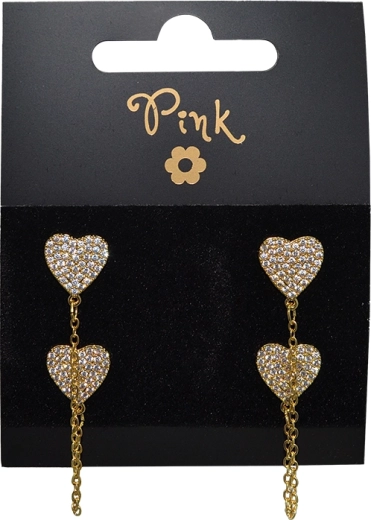 Pozłacane wiszące kolczyki z podwójnym sercem i cyrkoniami