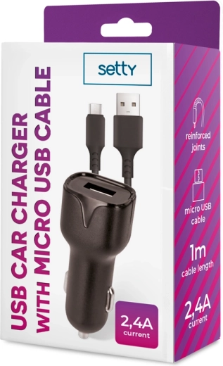 Setty ładowarka samochodowa 2,4 A z kablem microUSB 1 m, czarna