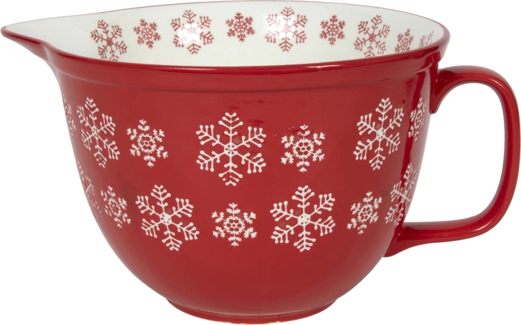 Czerwona miska z białymi śnieżynkami