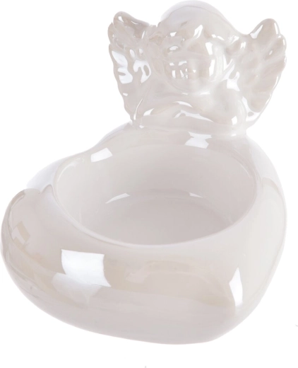 Ceramiczny świecznik anioł biały z perłowym efektem