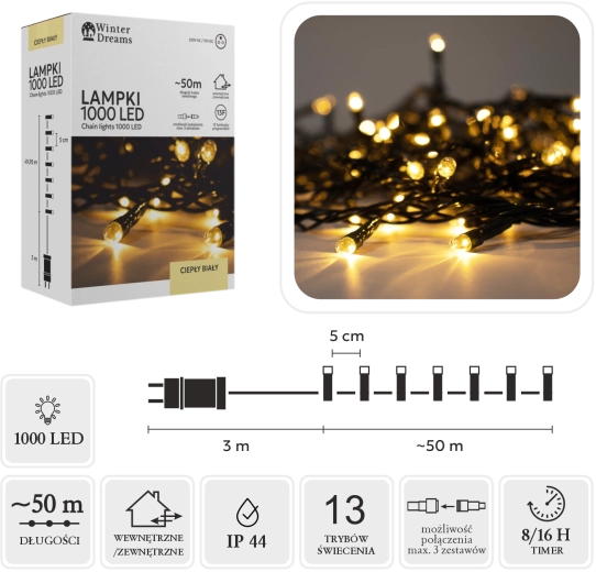Łańcuch świetlny LED 1000 diod, ciepła biel, 50 m
