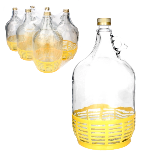 Szklany gąsior 5 l z uchem i plastikowym koszykiem