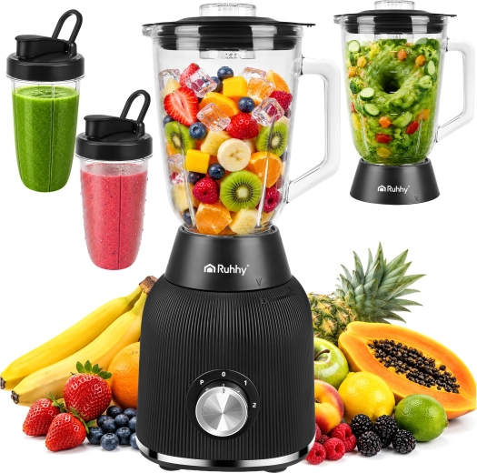Blender kielichowy ze szklanym dzbanem Ruhhy 1200 W z kruszeniem lodu i 2 przenośnymi butelkami