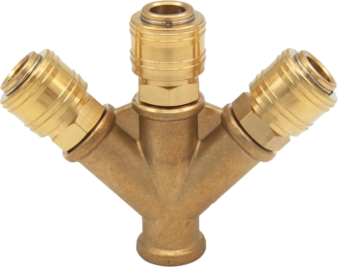 Mosiężny trójnik z gwintem wewnętrznym 3/8" i trzema szybkozłączkami
