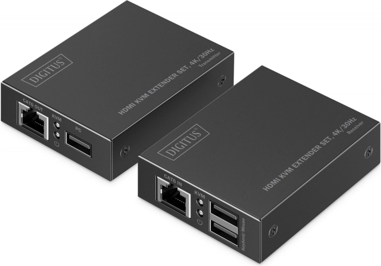 Przedłużacz HDMI po kablu sieciowym CAT6 4K/30 Hz z KVM USB 1.1 i sterowaniem IR (zestaw nadajnik + odbiornik)
