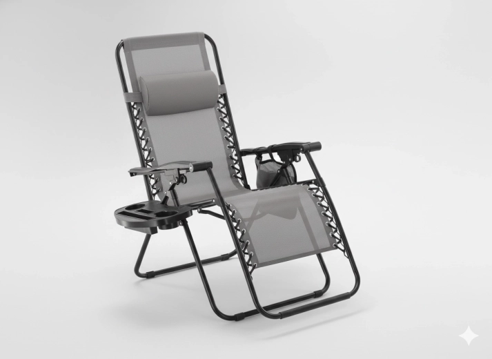 Składane ogrodowe leżakowisko ze stolikiem, kieszenią i poduszką – szare