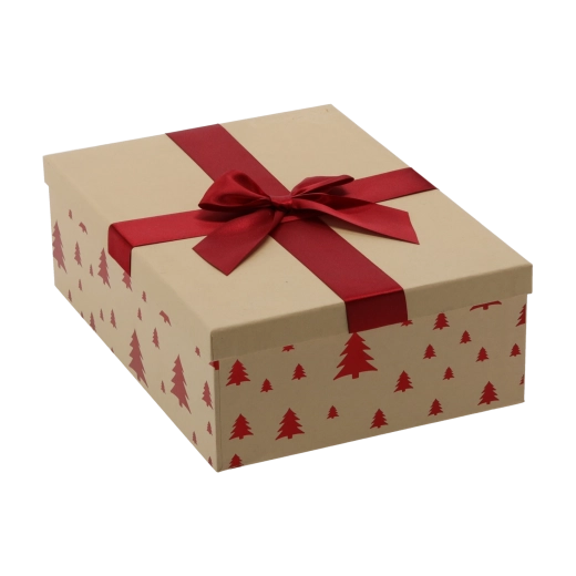 Świąteczne pudełko prezentowe brązowe z bordową kokardą 30,5 × 22 × 10 cm - 1 sztuka