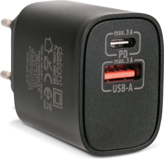 Ładowarka sieciowa USB-A i USB-C PD 20 W z szybkim ładowaniem, czarna
