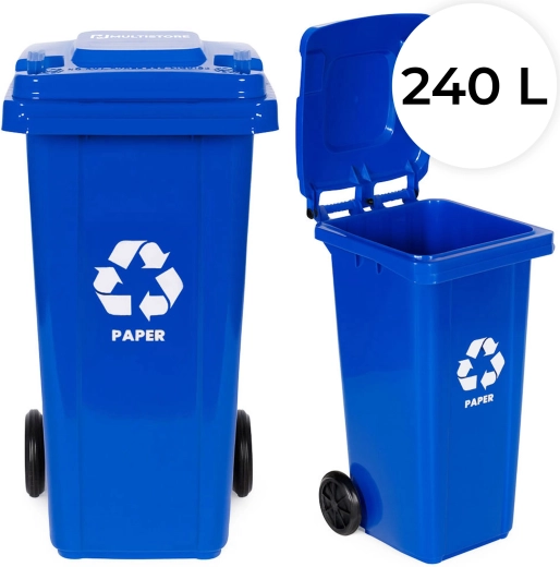 Niebieski pojemnik na papier 240 l z gumowymi kołami
