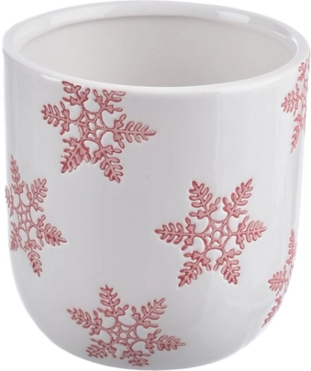 Ceramiczna osłonka na doniczkę z motywem płatków śniegu biało-czerwona 11 × 11 × 11 cm
