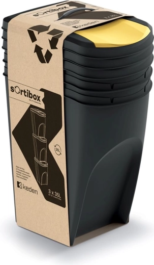 Zestaw 3 koszy do segregacji odpadów SORTIBOX 3×35 l – czarny z recyklingu
