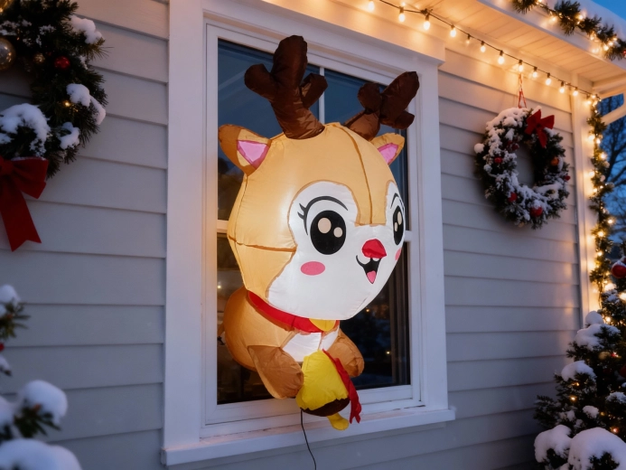 Nadmuchiwany świecący renifer na okno 90 cm z LED i przyssawkami