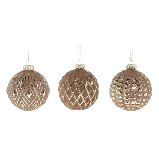 Szklane bombki choinkowe 8 cm brązowe ze złotymi ornamentami, zestaw 12 szt.