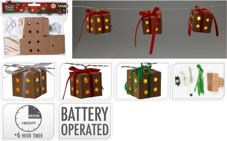 Świąteczne oświetlenie LED pudełeczka prezentowe 1,2 m z timerem, ciepła biel