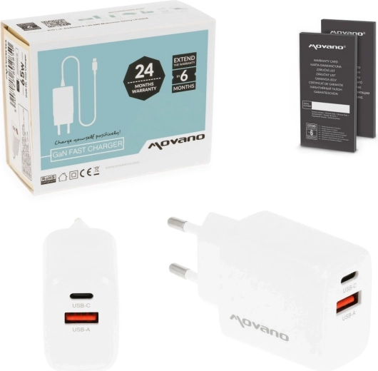 Movano ładowarka sieciowa GaN 30 W USB-C PD + USB-A biała - 1 szt.