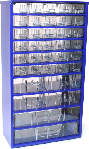 Metalowa szafka z szufladami TOKOZ, 30 małych, 4 średnie i 2 duże szuflady, 30,5 × 55 × 15,5 cm, niebieska