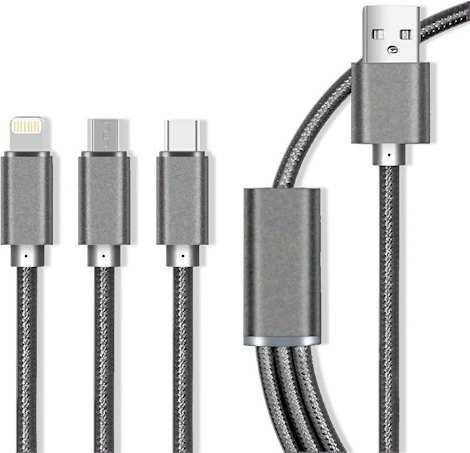 Maxlife nylonowy kabel 3w1 z szybkim ładowaniem 2.1 A – Lightning/USB‑C/microUSB, szary