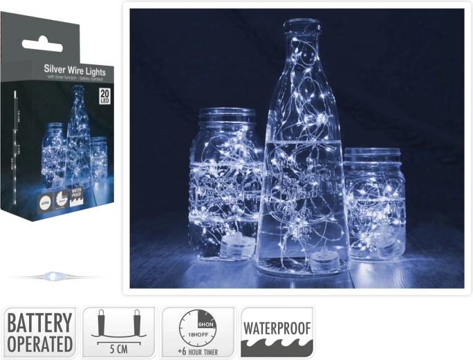 Łańcuch świetlny 1,3 m 20 LED zimna biel, wodoodporny z timerem