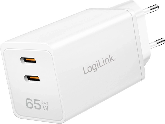 Ładowarka sieciowa LOGILINK 65W z 2× USB‑C, biała