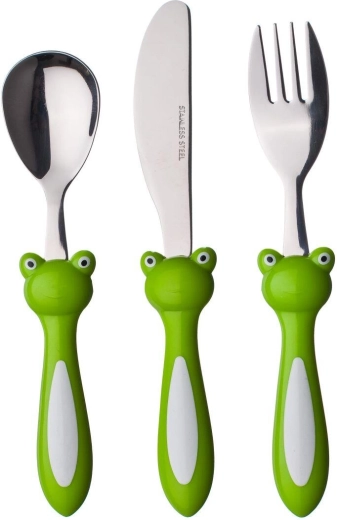 Dziecięcy sztućce FROG, 3‑częściowy zestaw z plastikową rączką