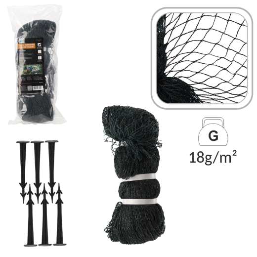 Siatka ochronna przeciw ptakom 2 × 10 m, 18 g/m² + 6 plastikowych kołków