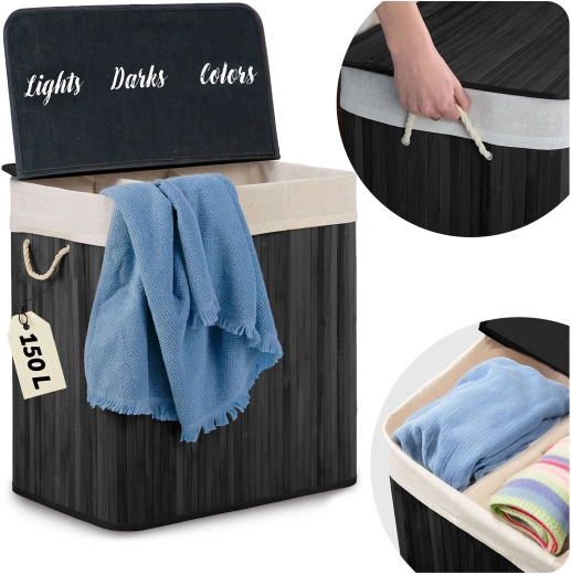 Bambusowy kosz na pranie z pokrywą 150 l, 3-komorowy