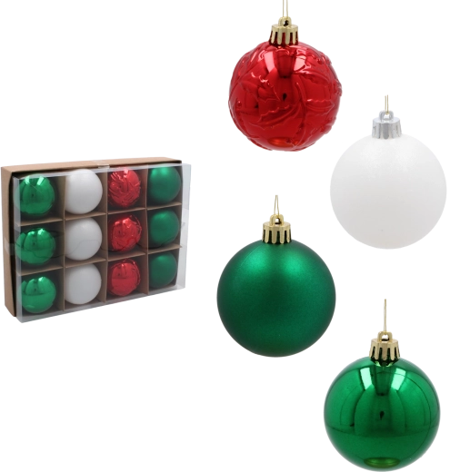 Zestaw bombek świątecznych 6 cm – czerwone, zielone i białe, nietłukące, 12 szt.