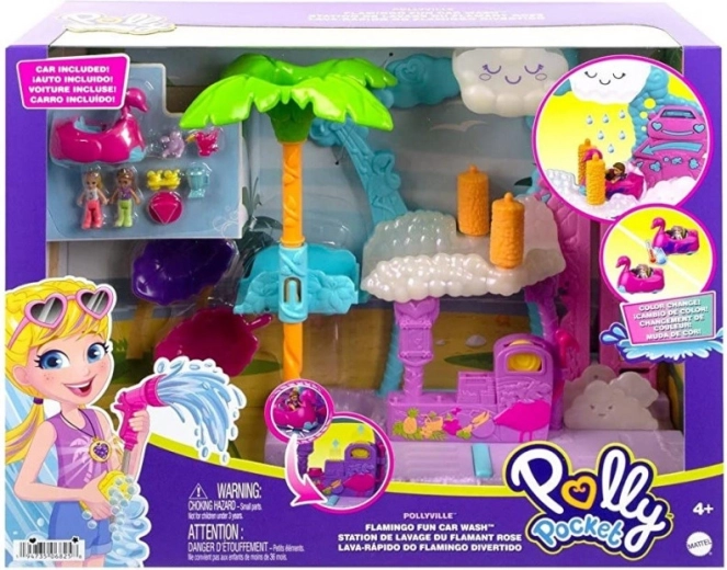 Polly Pocket Flamingowa myjnia – zestaw do zabawy z autem zmieniającym kolor