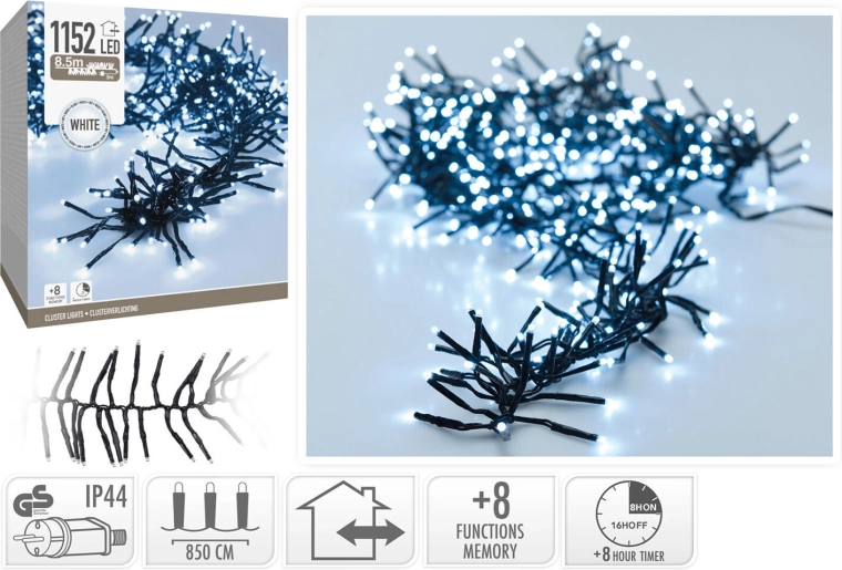 Świąteczny łańcuch LED 8,5 m, zimna biel, 1152 LED, 8 funkcji z timerem