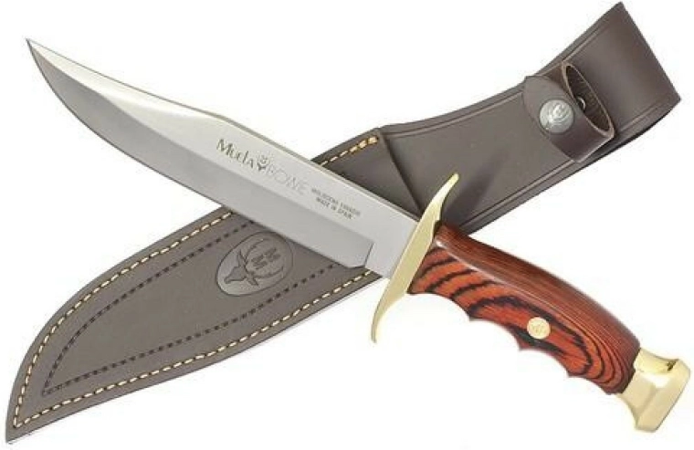 Nóż myśliwski Muela BW-18 z ostrzem 18 cm ze stali MoVa, koralowe drewno Pakka, mosiądz, skórzane etui