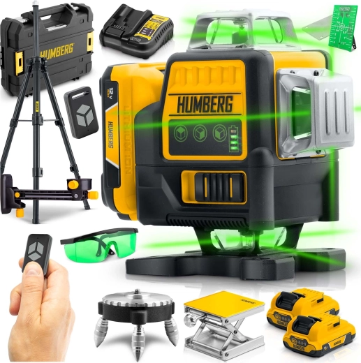 Laser krzyżowy HUMBERG HM-171 w walizce ze statywem, 4D 16 linii, zielona wiązka