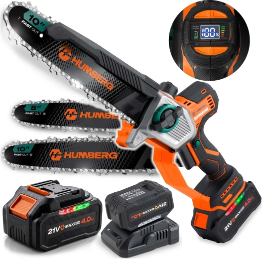 Humberg akumulatorowa mini piła łańcuchowa 21 V 4,0 Ah z prowadnicami 8" i 10"