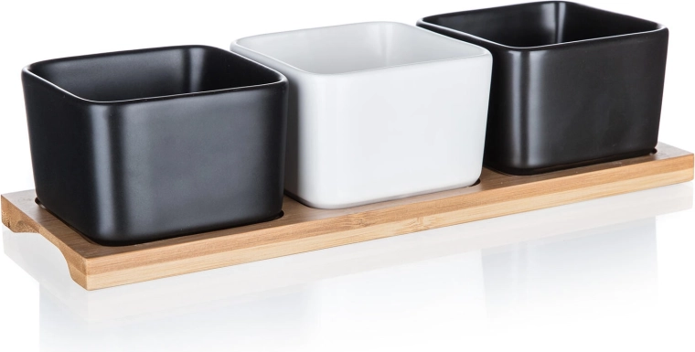 Zestaw porcelanowych misek na bambusowej tacy BRILLANTE