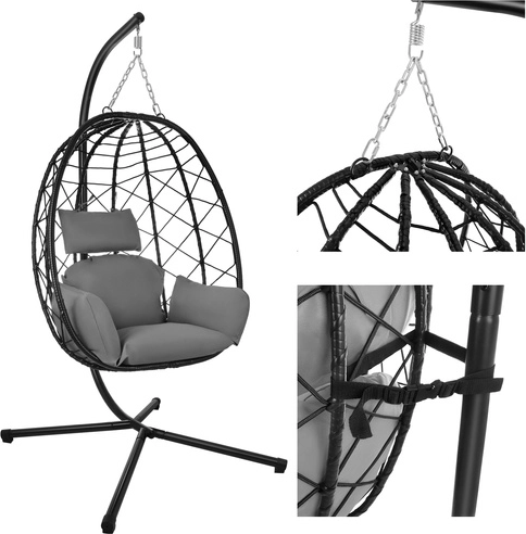 Wiszący fotel jajko GARDLOV z poduszkami, 150 kg, czarny/szary