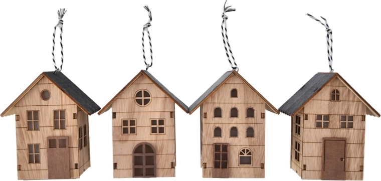 Zawieszany drewniany domek z oświetleniem LED, beżowy 10 × 6 × 9 cm