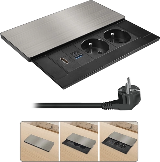 Solight wpuszczany blok gniazd z przesuwną pokrywą, HDMI i ładowaniem USB 20 W PD, srebrny