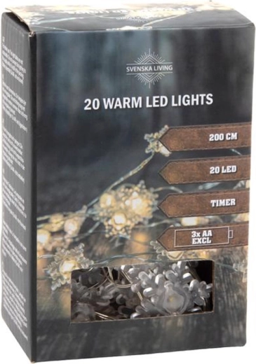 Łańcuch świetlny z timerem, 20 diod LED w kształcie śnieżynek, 200 cm