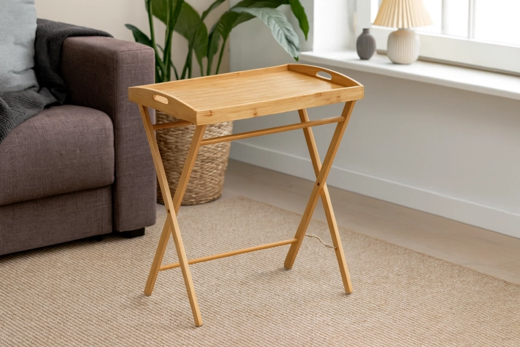 Składany bambusowy stolik serwujący z wyjmowaną tacą 49 × 35 × 59 cm