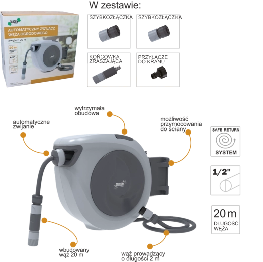 Automatyczna naścienna zwijarka do węża ogrodowego 20 m