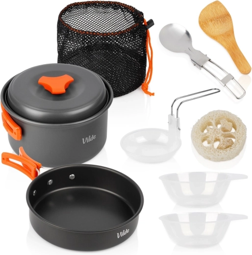 Vilde turystyczny zestaw naczyń kempingowych z anodowanego aluminium z akcesoriami 10 elementów