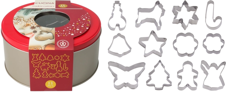 Zestaw nierdzewnych wykrawaczy do ciastek 12 szt. w metalowej puszce