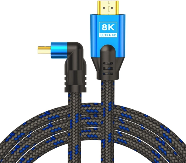 Kabel HDMI v2.1 kątowy 1,8 m 8K Ethernet z pozłacanymi złączami 24k niebiesko-czarny