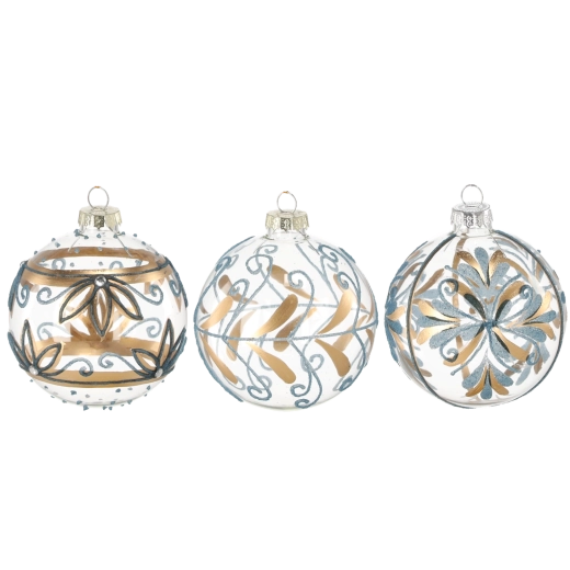 Szklane bombki świąteczne niebiesko‑złote 8 cm, zestaw 12 szt.
