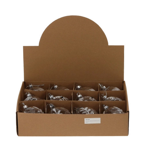 Szklana bombka choinkowa 8 cm transparentna, mix wzorów (opakowanie 12 szt.)