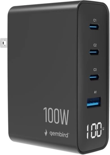 Uniwersalna ładowarka GaN Gembird 100 W z LCD, 3× USB-C i 1× USB-A, czarna