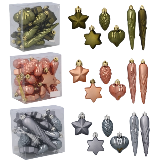 Zestaw 20 plastikowych ozdób świątecznych – oliwkowe, miedziane i grafitowe, 4 cm