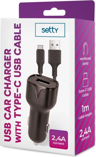 Setty ładowarka samochodowa 1× USB 2,4 A czarna + kabel USB‑C 1 m